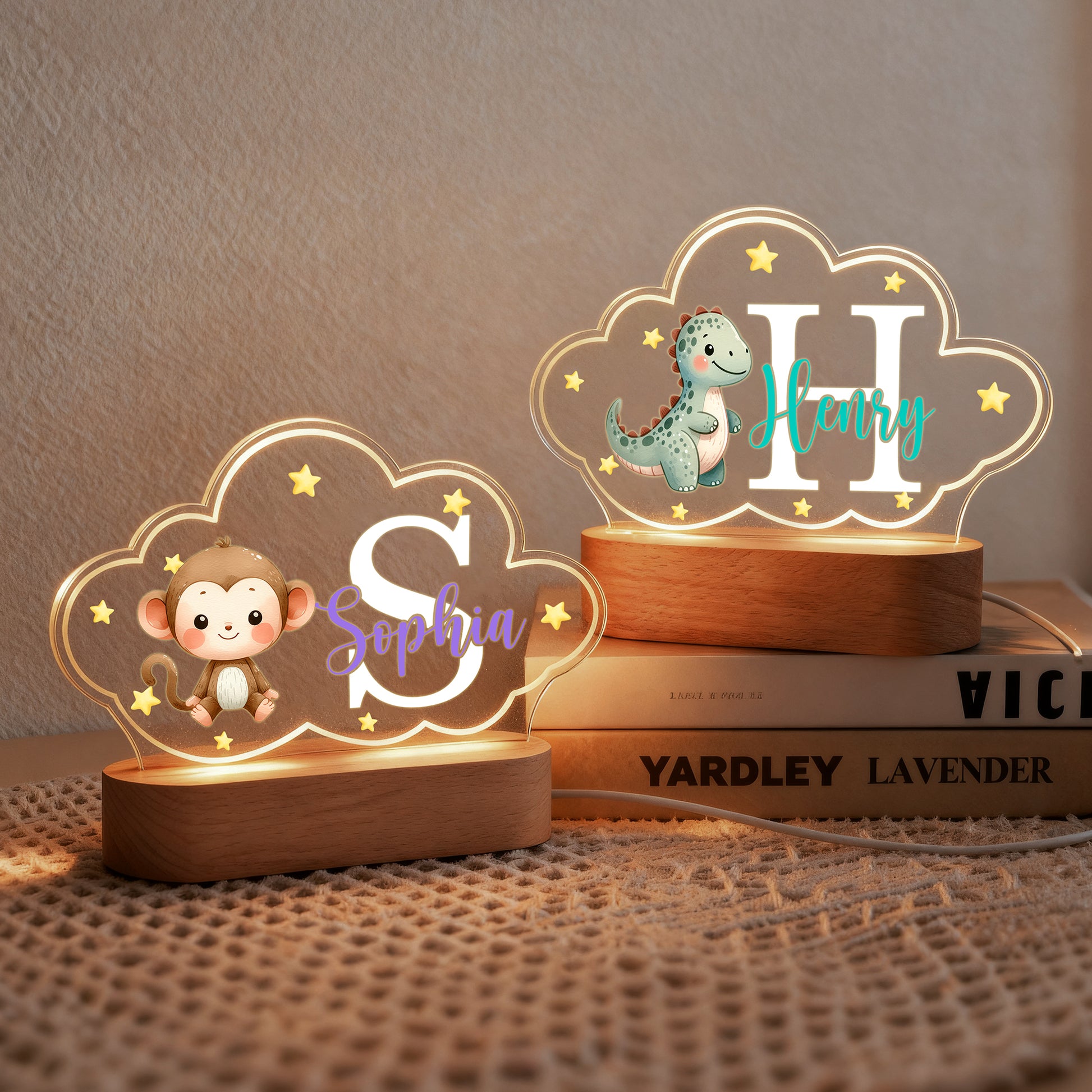 Personalized Cute Animals Star Cloud Style Acrylic LED Night Light with Name and Wooden Base Nursery Decor Birthday Anniversary Gift for Kid Newborn
