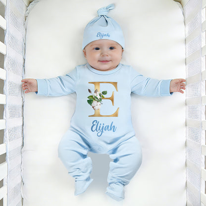 Personalized Initial Floral Design Name 100% Cotton Baby Romper Hat Blanket Outfit with Gift Box Baby Shower  Coming Home Gift for Newborn