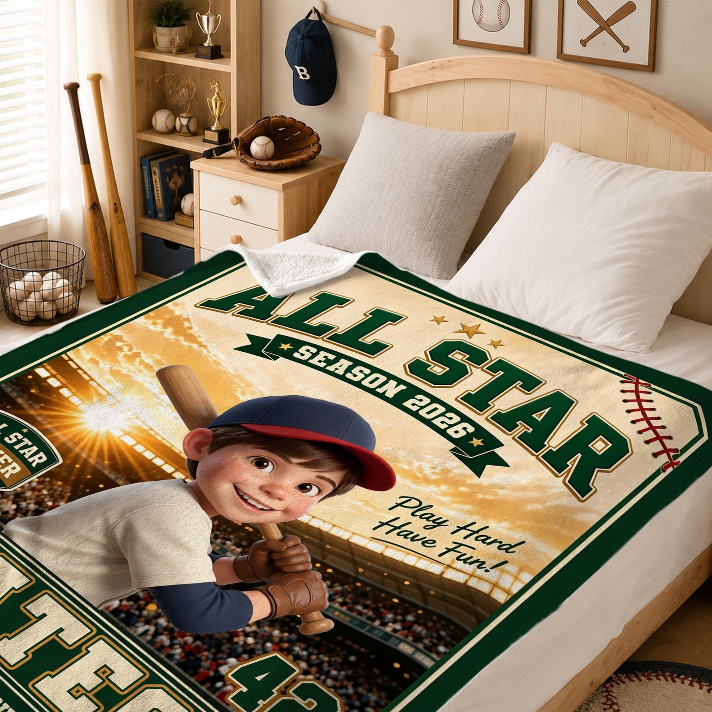 Personalized Cartoon Baseball Character Photo Soft Throw Blanket with Name and Number Home Decor Team Birthday Gift for Baseball Lovers
