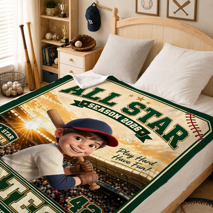 Personalized Cartoon Baseball Character Photo Soft Throw Blanket with Name and Number Home Decor Team Birthday Gift for Baseball Lovers