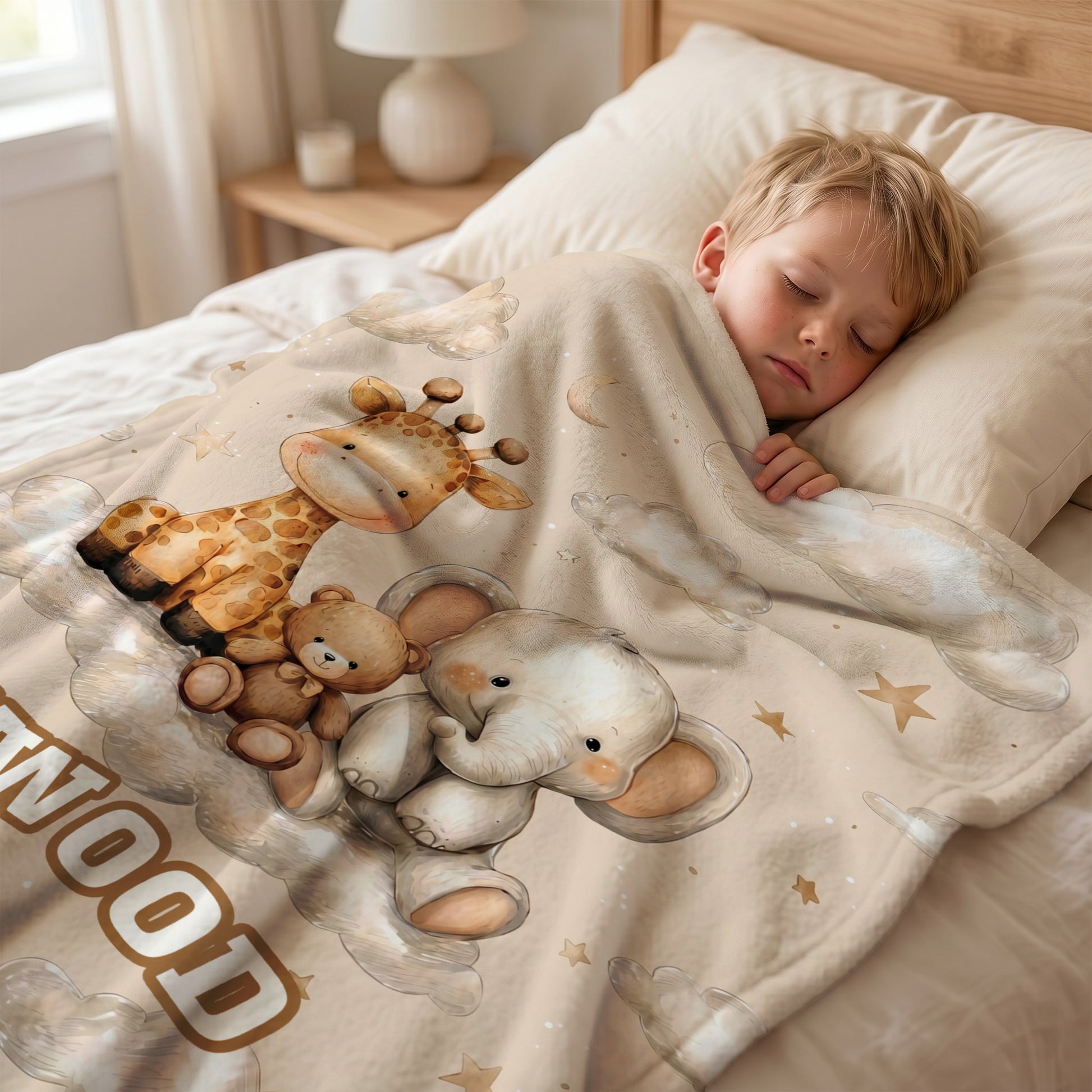 Personalized Cute Animal Cloud Skin-Friendly Soft Blanket with Name Nursery Decor Birthday Gift for Kids