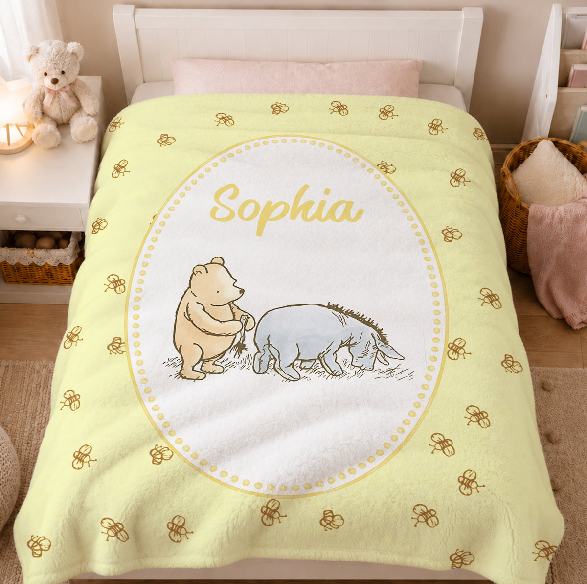 Personalized Classic Winnie the Pooh Cozy Throw Blanket with Name Nursery Decor Birthday Baby Shower Gift for Kid Baby Newborn