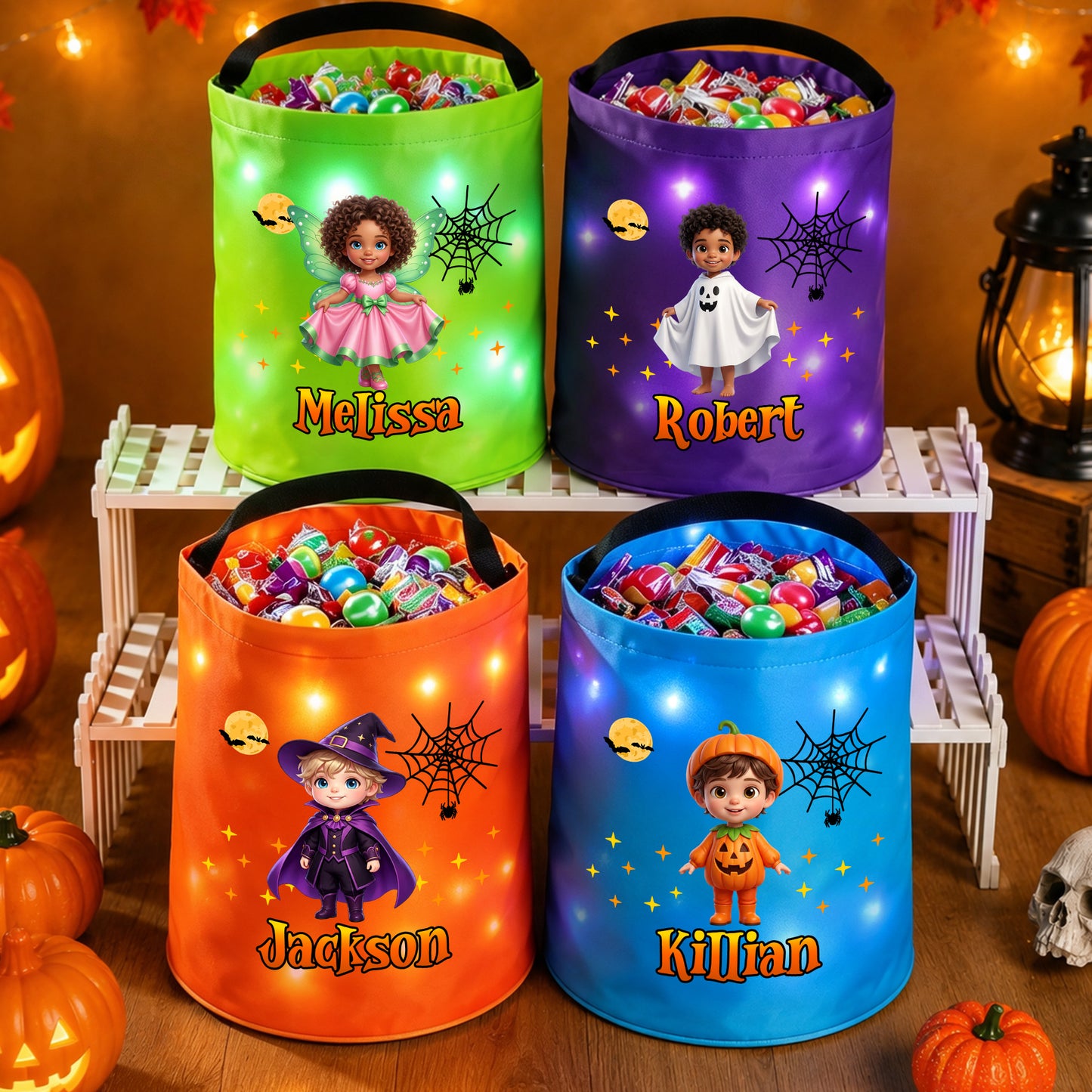 Personalized Halloween Theme Photo Star Design LED Light Bucket Bag with Name Trick or Treat Activity Halloween Gift for Kids