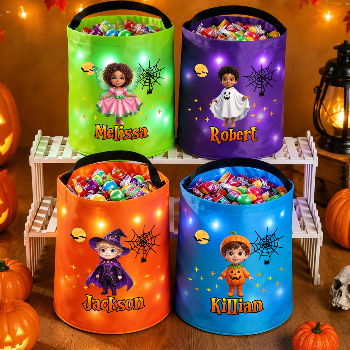 Personalized Halloween Theme Photo Star Design LED Light Bucket Bag with Name Trick or Treat Activity Halloween Gift for Kids