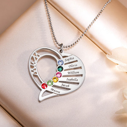 Heart Mother's Necklace with Kids 1-6 Names and Birthstones