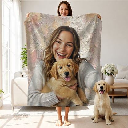 Personalized Oil Painting Style Pet Photo Soft Throw Blanket with Name Home Decor Birthday Pet Memorial Gift for Pet Lovers