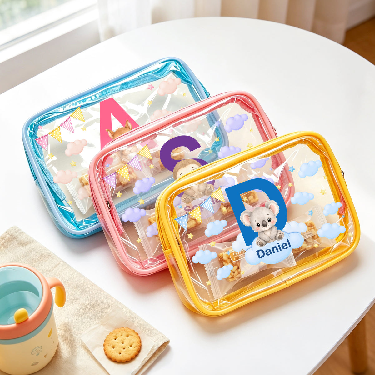 Personalized Cartoon Animal Portable Waterproof Clear Snack Bag with Name and Initial Travel Daily Use Back to School Birthday Gift  for Boys Girls