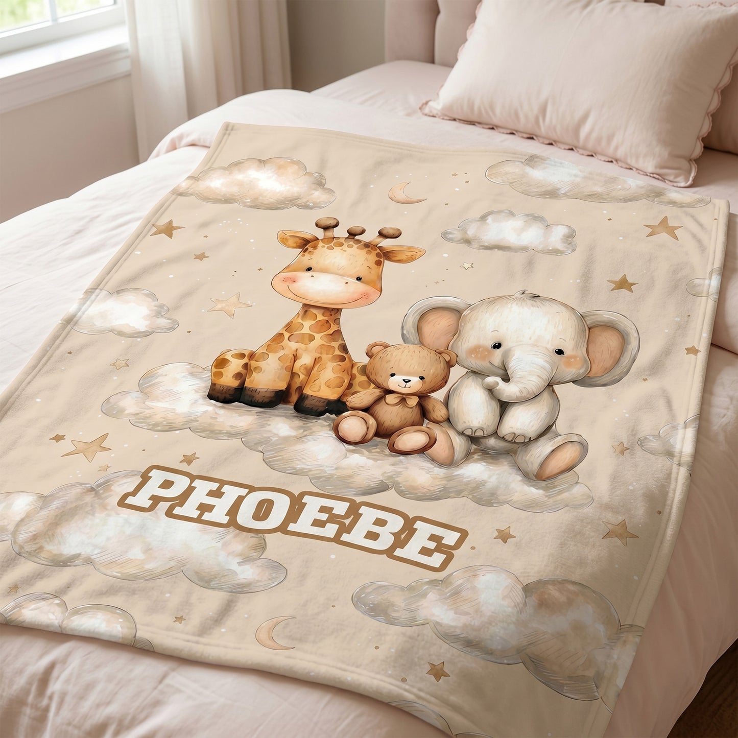 Personalized Cute Animal Cloud Skin-Friendly Soft Blanket with Name Nursery Decor Birthday Gift for Kids