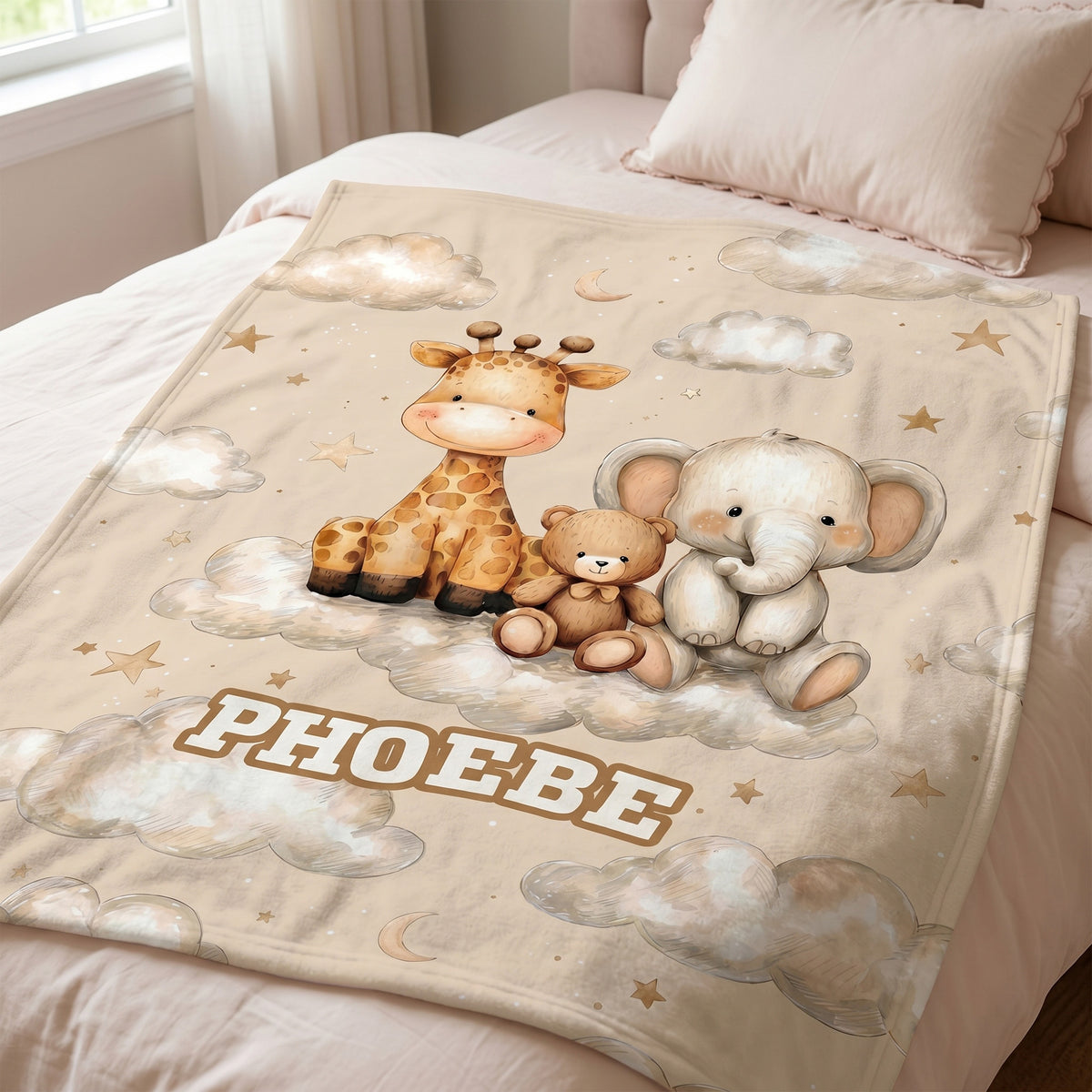 Personalized Cute Animal Cloud Skin-Friendly Soft Blanket with Name Nursery Decor Birthday Gift for Kids