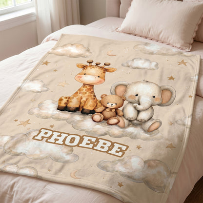 Personalized Cute Animal Cloud Skin-Friendly Soft Blanket with Name Nursery Decor Birthday Gift for Kids