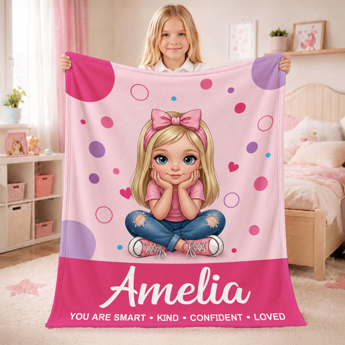 Personalized Polka Dot Cartoon Character Photo Soft Throw Blanket with Name Home Decor Birthday Children's Day Gift for Kids
