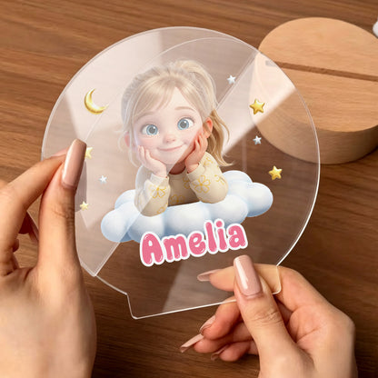 Personalized Cute Cartoon Photo Acrylic LED Night Light with Name and Wooden Base Bedroom Bedside Decor Birthday Gift for Kids New Parents