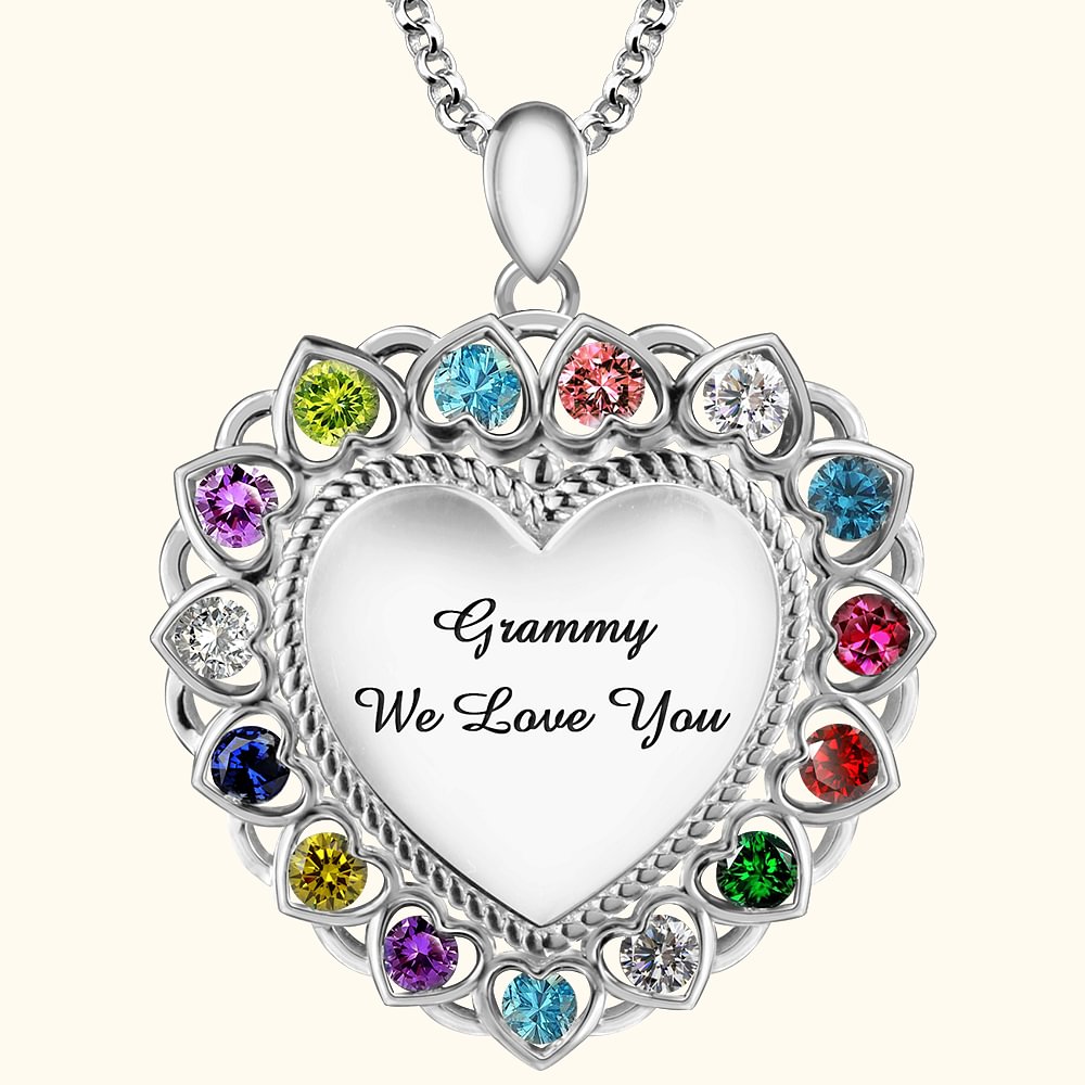 Mom or Grandma Heart Necklace with Kid's Birthstones and Engraving