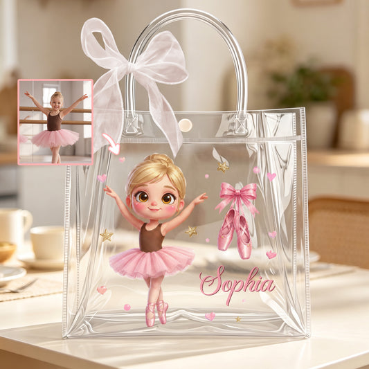 Personalized Cartoon Ballet Girl Photo Design Transparent Bag with Name and Ribbon Daily Use Dance Class Birthday Gift for Ballet Lovers Girls