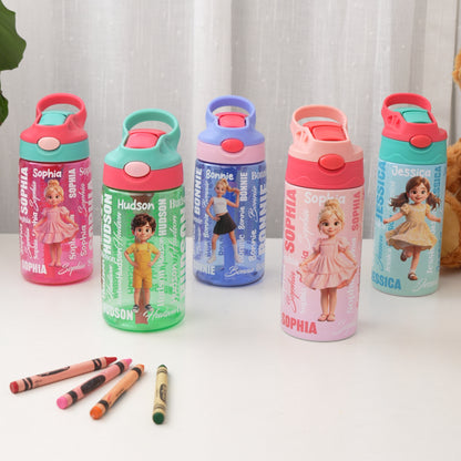 Personalized Cartoon Character BPA-Free Transparent or Insulated Water Bottle with Straw and Name Back to School Gift for Kids