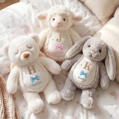 Personalized Cute Bow Bunny Bear Plush Toy with Name and Initial Daily Use Birthday Gift for Couple Kids