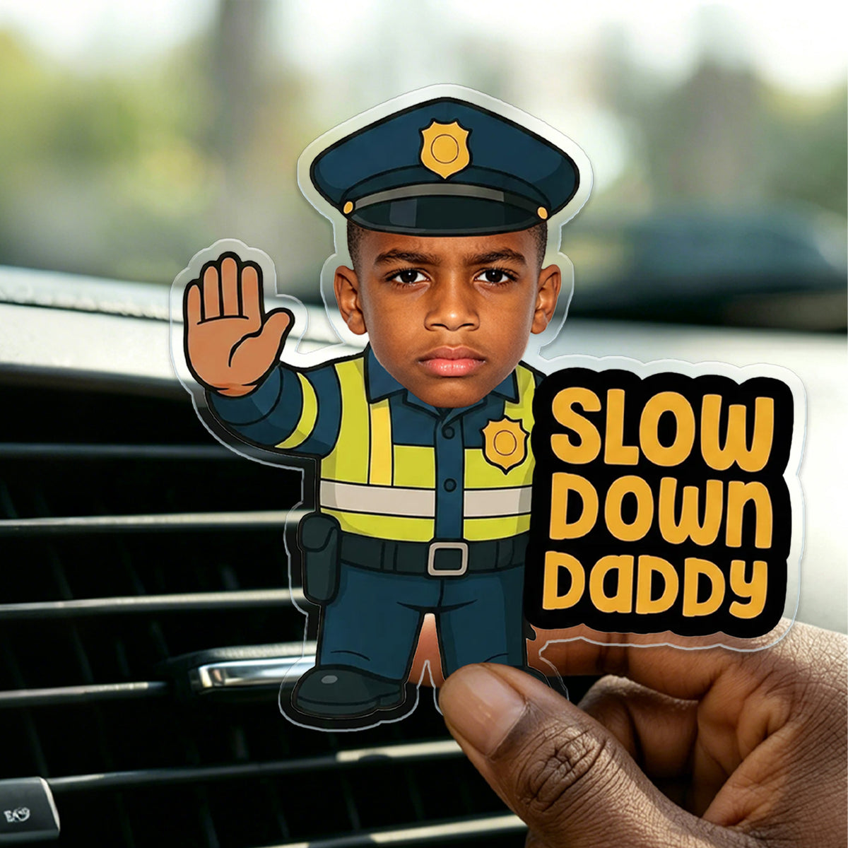 Personalized Little Traffic Police Officer Slow Down Daddy Face Photo Acrylic Car Vent Clip Cute Car Decor Father's Day Birthday Gift for Dad