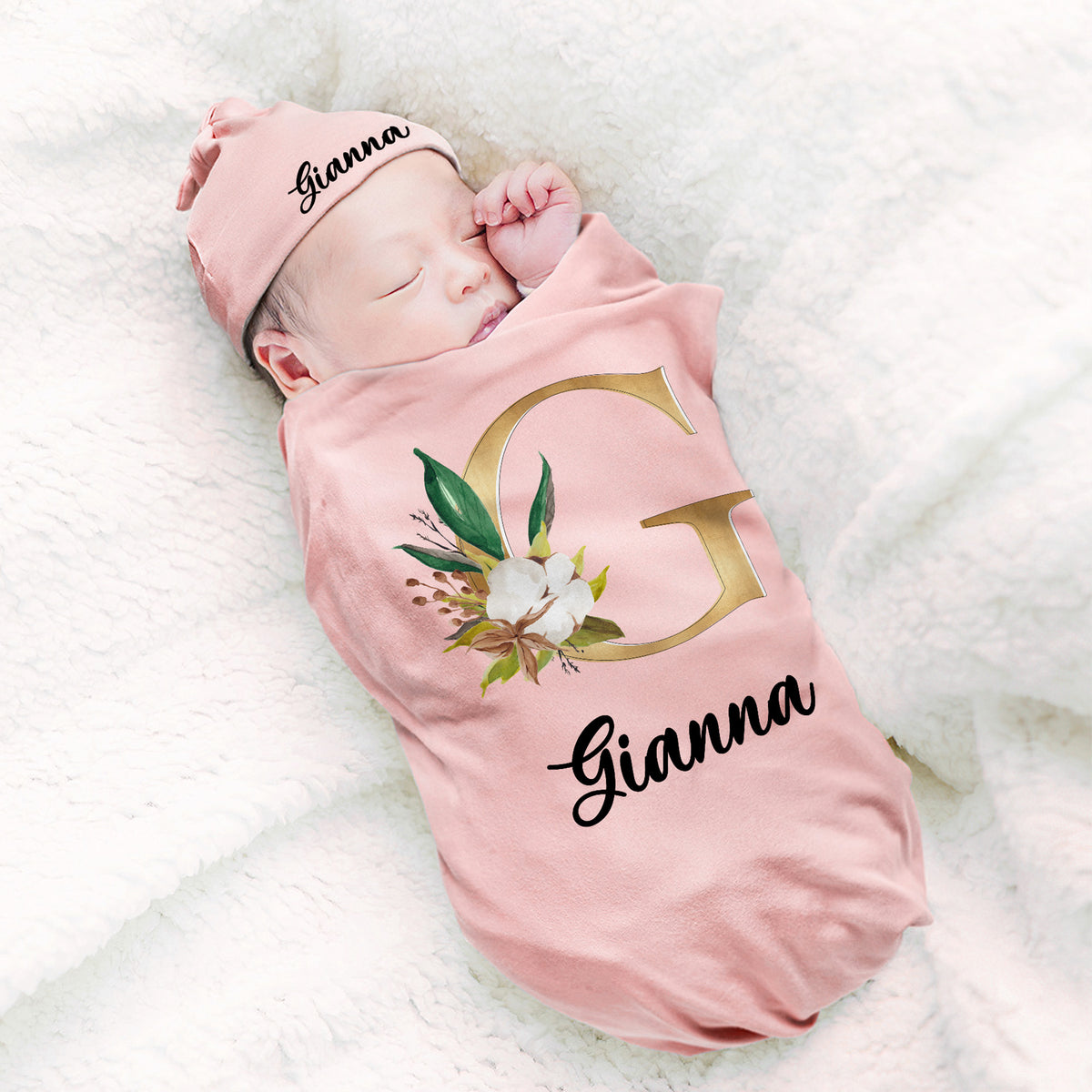 Personalized Initial Floral Design Name 100% Cotton Baby Romper Hat Blanket Outfit with Gift Box Baby Shower  Coming Home Gift for Newborn