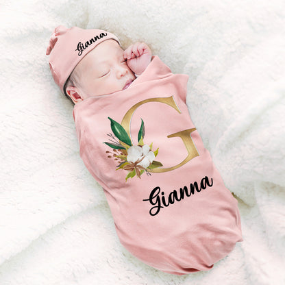 Personalized Initial Floral Design Name 100% Cotton Baby Romper Hat Blanket Outfit with Gift Box Baby Shower  Coming Home Gift for Newborn