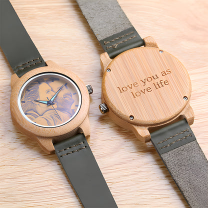 Personalized Bamboo Wood Photo Watch Engraved with Text Birthday Gift for Women Men