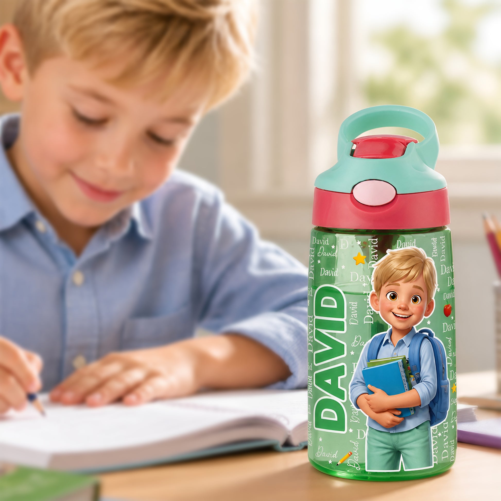 Personalized 3D-Style Design Cartoon Photo 16 oz Kid Water Bottle with Name and Silicone Straw Back to School Birthday Gift for Boys Girls