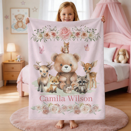 Personalized Cute Floral Jungle Animal Multicolor Soft Throw Blanket with Name Home Decor Daily Use Birthday Gift for Kids