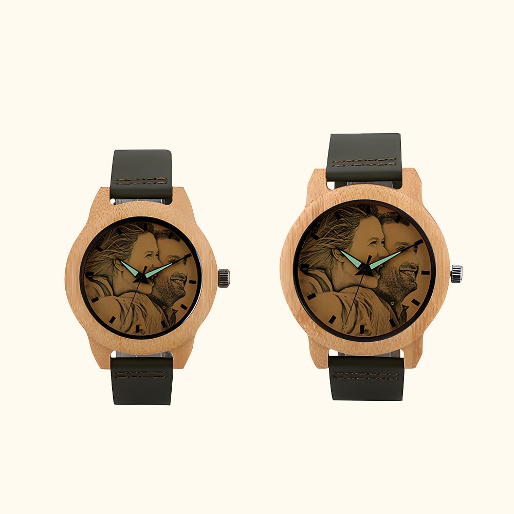 Personalized Bamboo Wood Photo Watch Engraved with Text Birthday Gift for Women Men