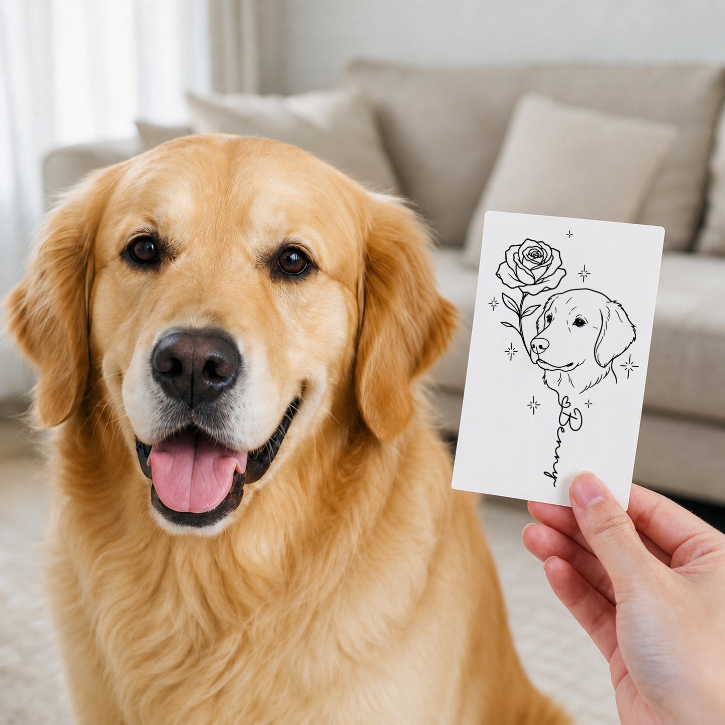 Personalized Line-Art Pet Photo Birth Flower Tattoo Sticker with  Name Party Birthday Gift for Dog Cat Pet Lover Owner