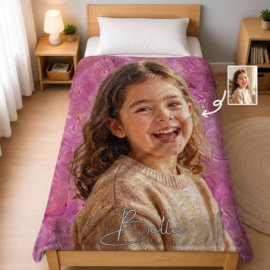 Personalized Oil Painting Style Photo Soft Throw Blanket with Name Home Decor Birthday Housewarming Anniversary Gift for Family Friends