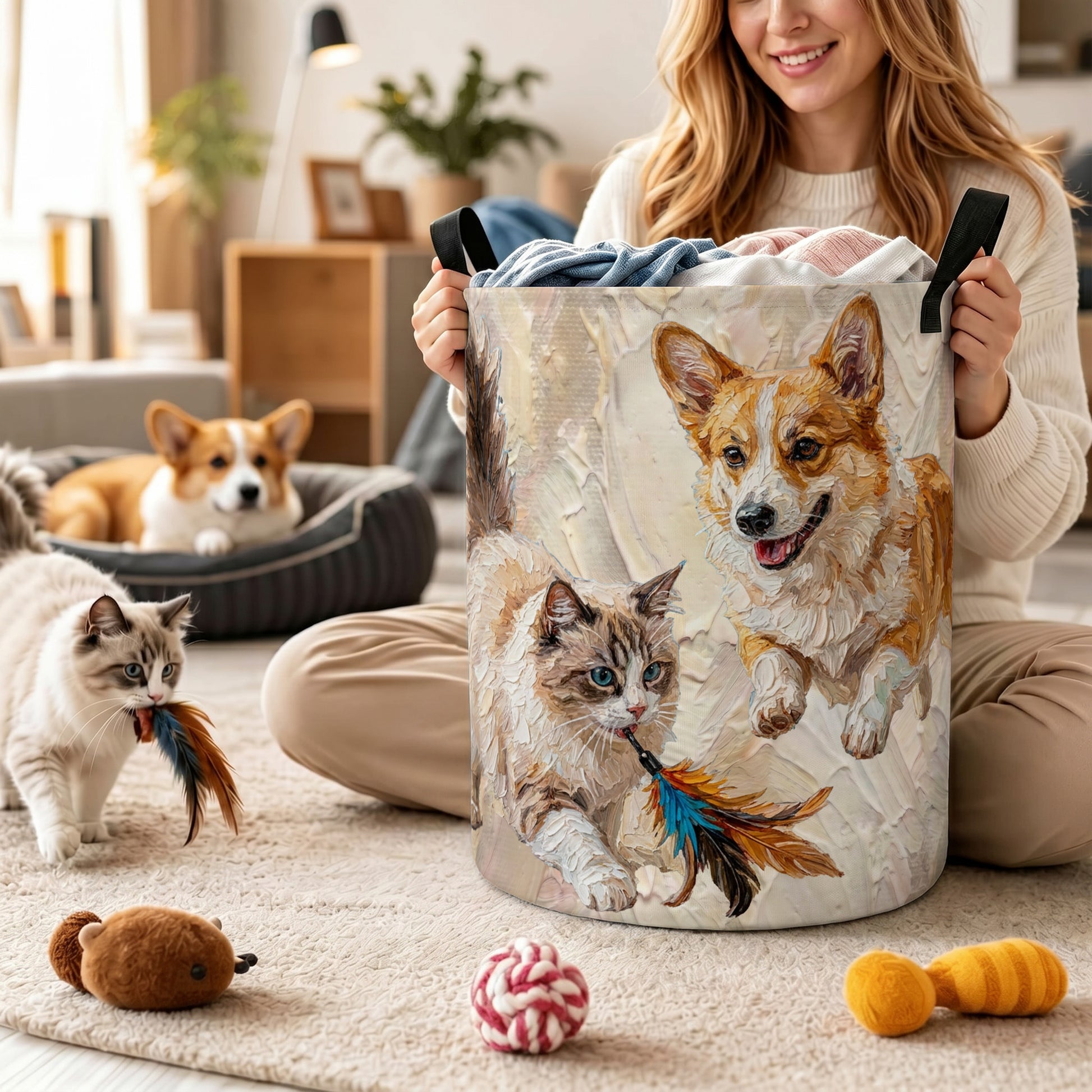 Personalized Oil Painting Style Pet Photo Large Capacity Laundry Basket with Name and Handle Nursery Decor Birthday Gift for Pet Owner Lover