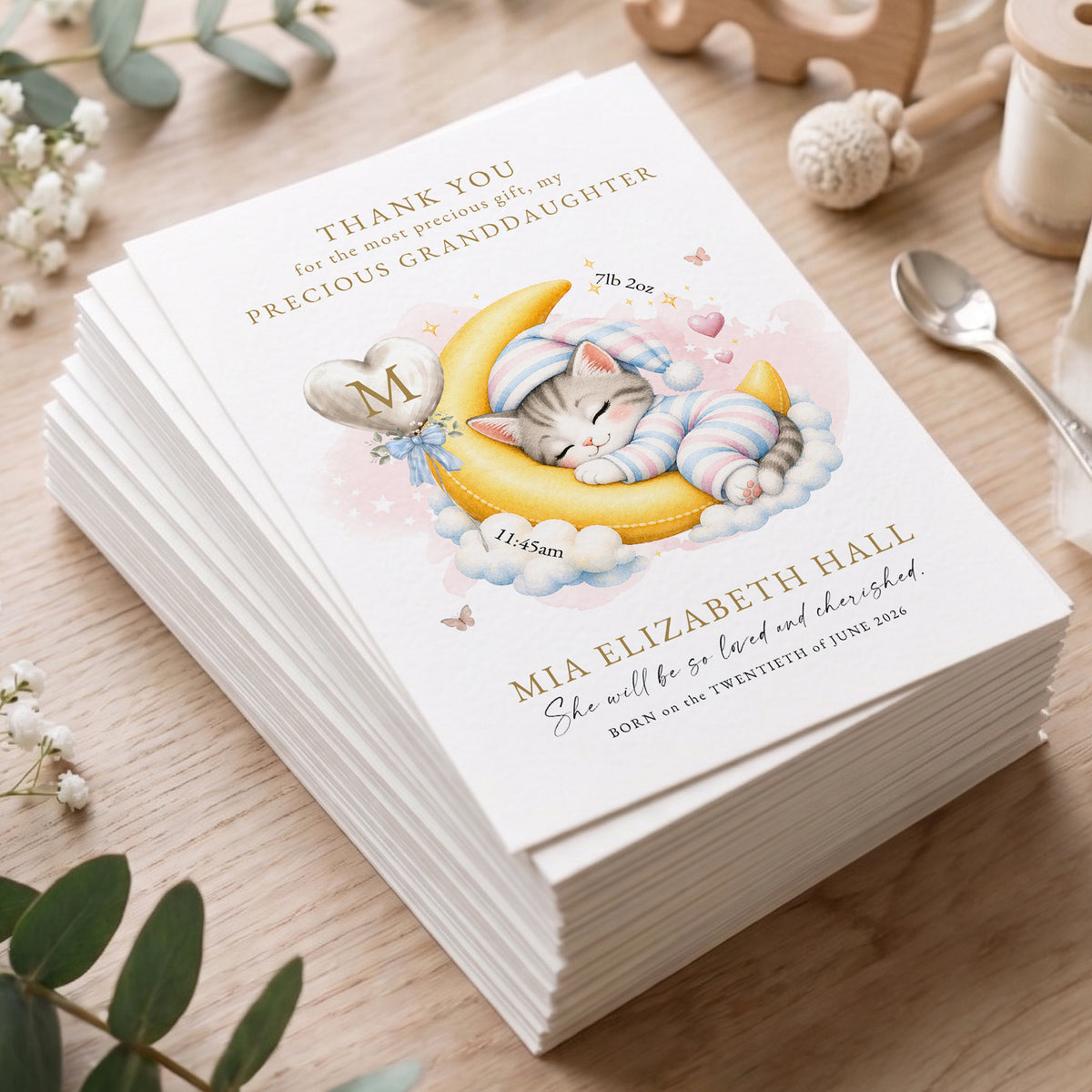 Personalized Watercolor Sleeping Animal Birth Announcement Greeting Card with Name Text and Birth Message Baby Shower Birthday Gift for New Parents