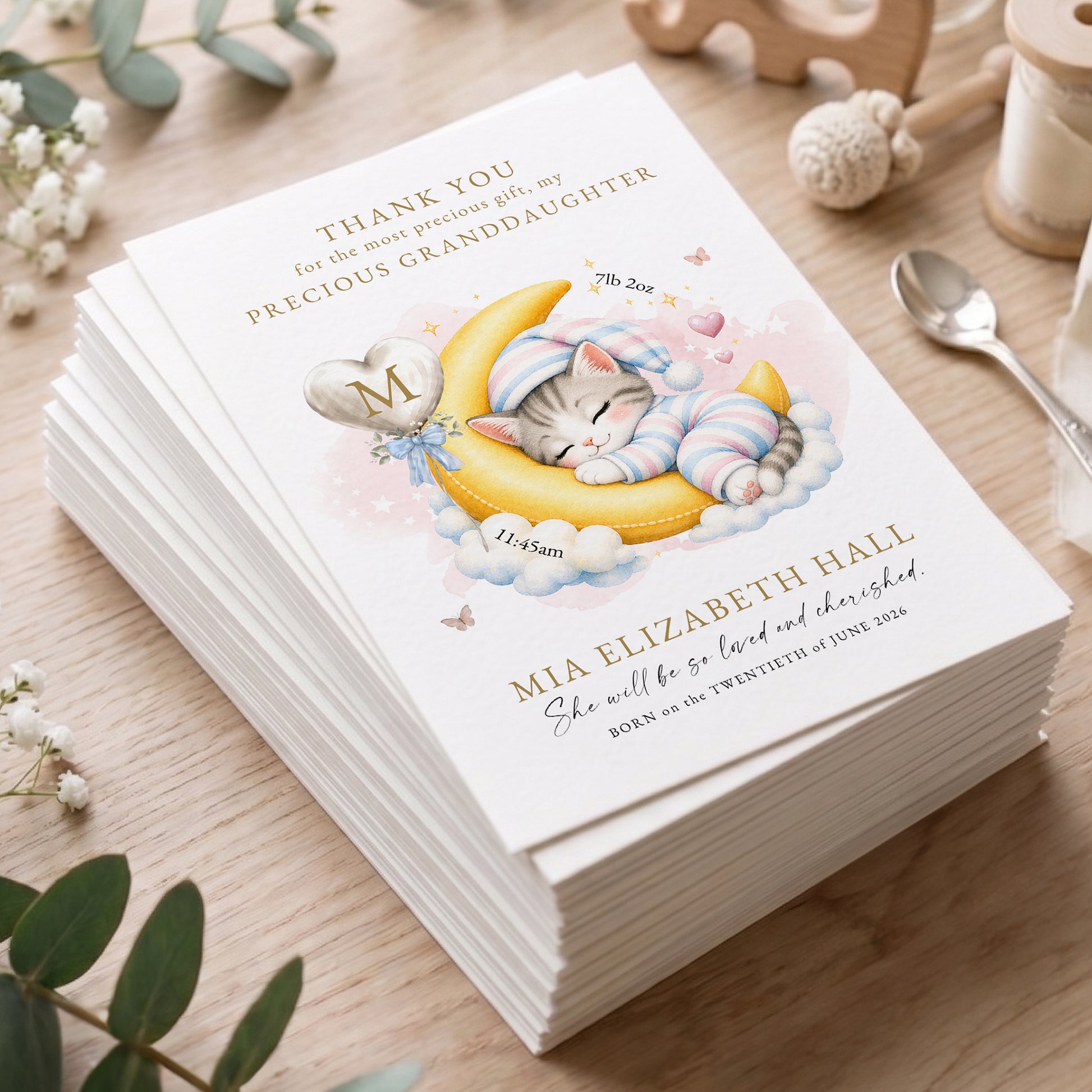 Personalized Watercolor Sleeping Animal Birth Announcement Greeting Card with Name Text and Birth Message Baby Shower Birthday Gift for New Parents