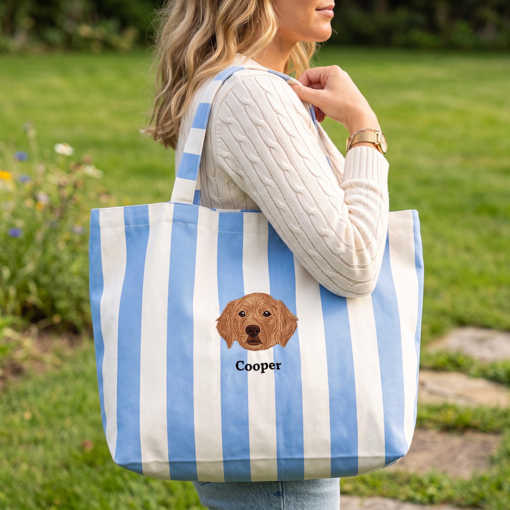 Personalized Pet Photo Embroidery Striped Large Tote Bag with 1-3 Names Daily Use Birthday Gift for Dog Cat Pet Owner Lovers