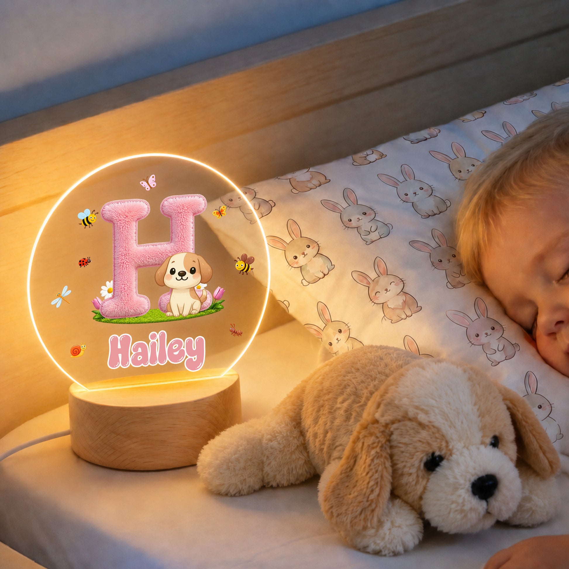 Personalized Cute Animal Insect Initial LED Night Light with Wooden Base and Name Home Decor Back to School Birthday Gift for Children