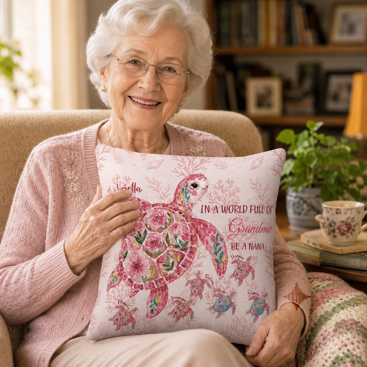 Personalized Sea Turtle Pattern Soft Throw Pillow Cover with Name Home Decor Anniversary Birthday Gift for Girl Woman Grandma