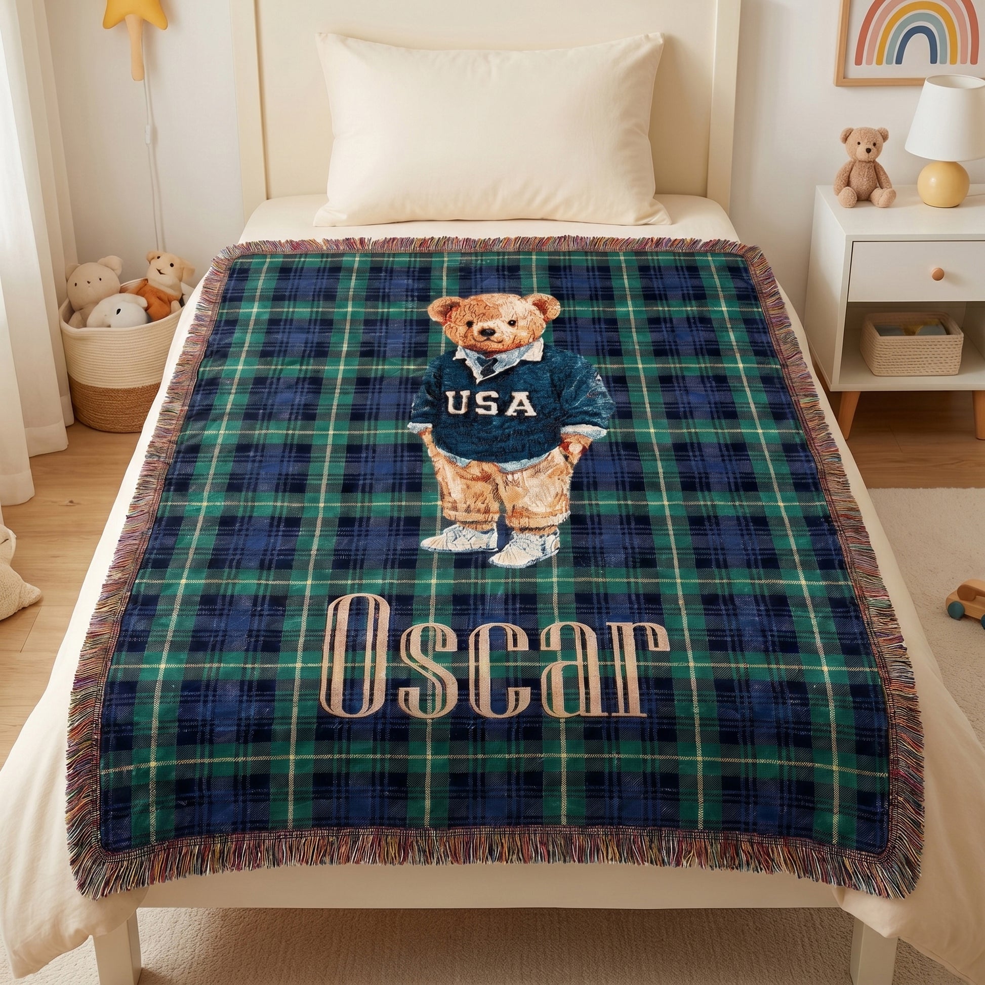 Personalized Plaid Cartoon Teddy Bear Soft Throw Blanket with Tassel and Name Baby Shower Christening Gift for New Parent