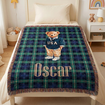 Personalized Plaid Cartoon Teddy Bear Soft Throw Blanket with Tassel and Name Baby Shower Christening Gift for New Parent