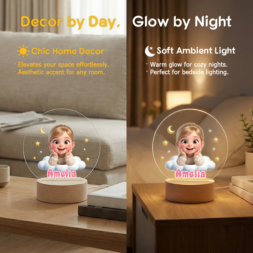Personalized Cute Cartoon Photo Acrylic LED Night Light with Name and Wooden Base Bedroom Bedside Decor Birthday Gift for Kids New Parents