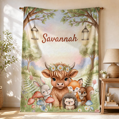 Personalized Forest Friends Highland Cow Rabbit Foxes Soft Throw Blanket with Name Nursery Decor Baby Shower Gift for Newborn