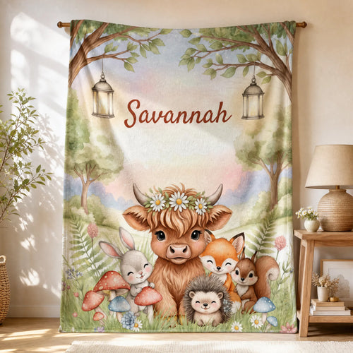 Personalized Forest Friends Highland Cow Rabbit Foxes Soft Throw Blanket with Name Nursery Decor Baby Shower Gift for Newborn
