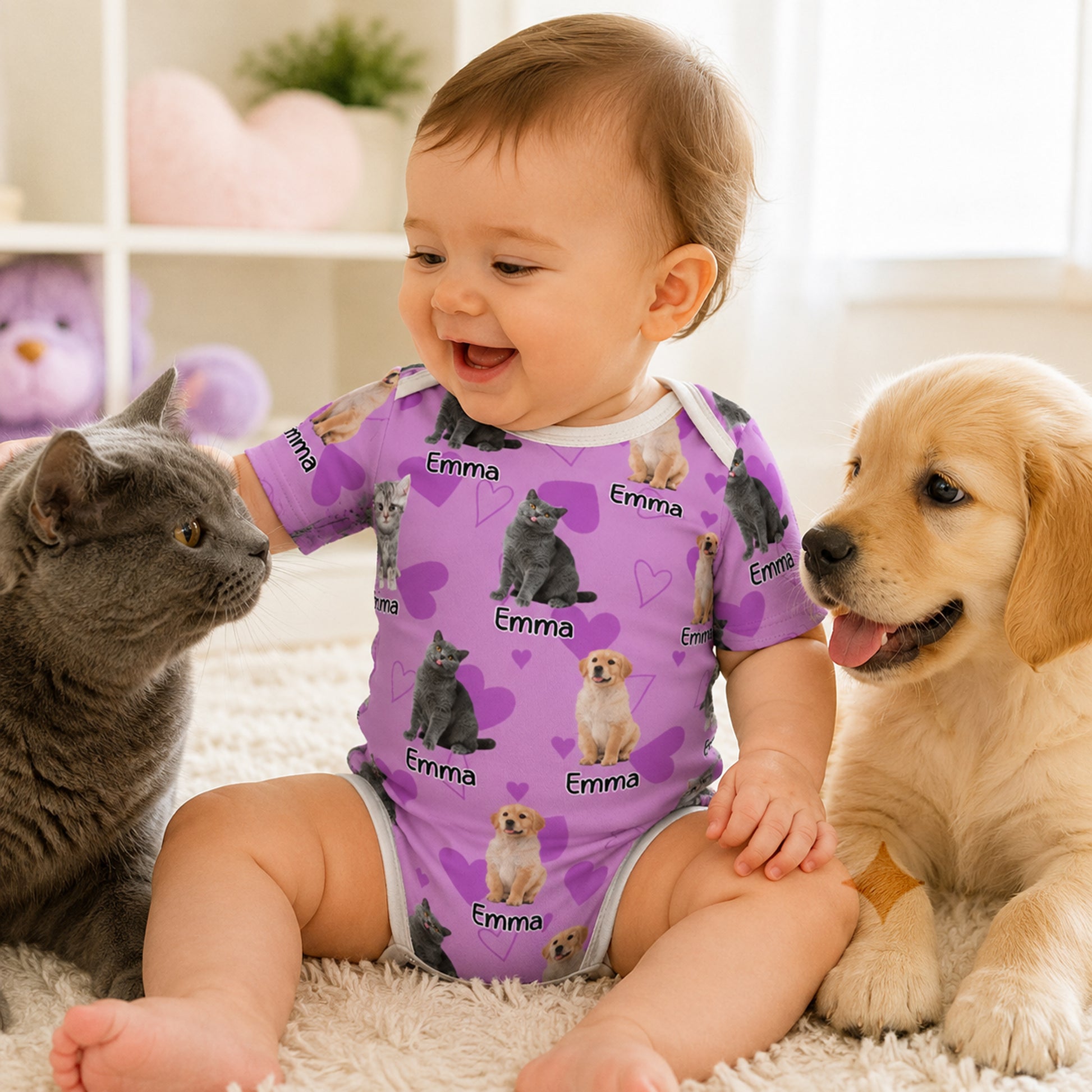 Personalized Multi-Color Heart Bone Paw Print 100% Cotton Baby Bodysuit with 1-5 Photos and Name Birthday Baby Shower Gift for Newborn