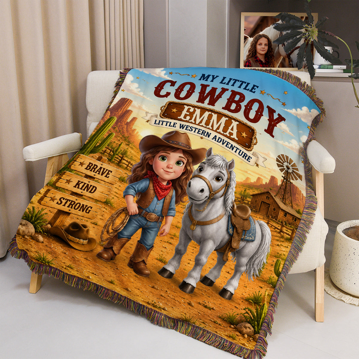 Personalized Western Cowboy Photo Horse Pattern Soft Tassel Throw Blanket with Name Home Decor Daily Use Birthday Gift for Kids