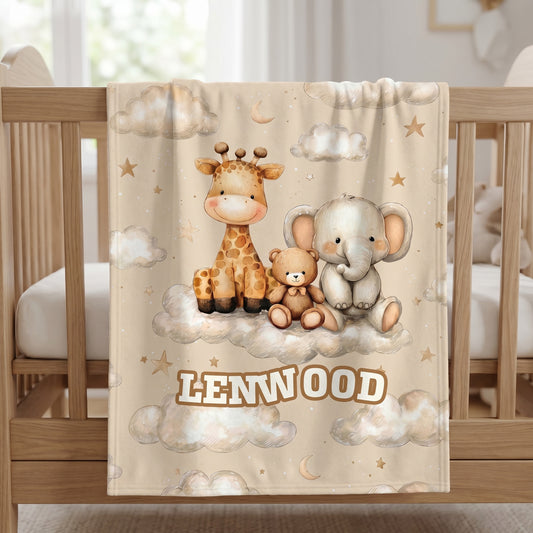 Personalized Cute Animal Cloud Skin-Friendly Soft Blanket with Name Nursery Decor Birthday Gift for Kids