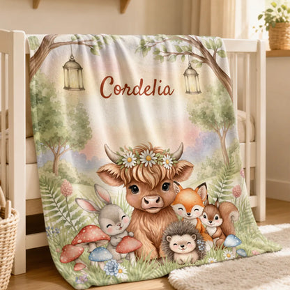 Personalized Forest Friends Highland Cow Rabbit Foxes Soft Throw Blanket with Name Nursery Decor Baby Shower Gift for Newborn