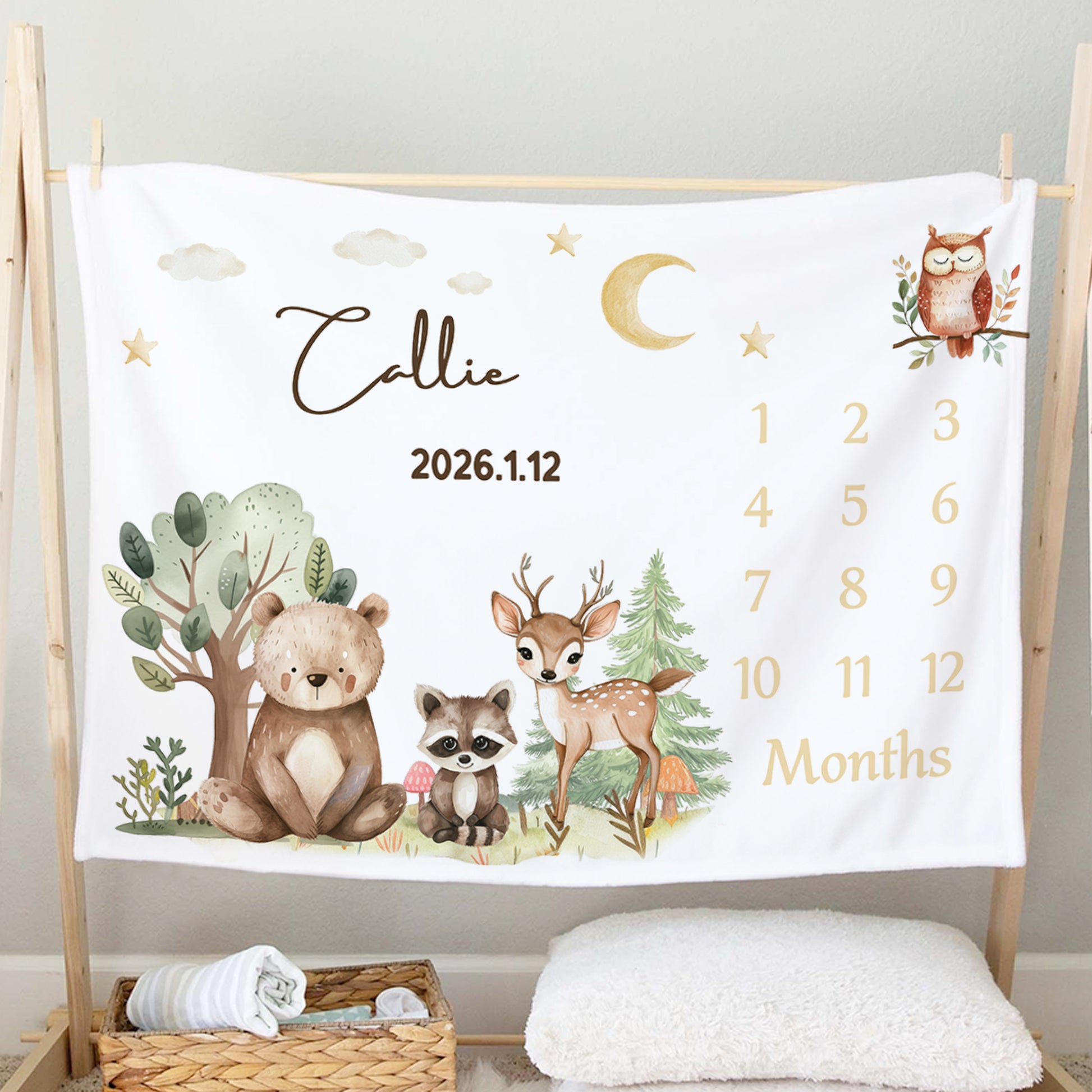 Personalized Woodland Cartoon Animal Milestone Soft Throw Blanket with Name Baby Shower Gift for Newborn New Mom