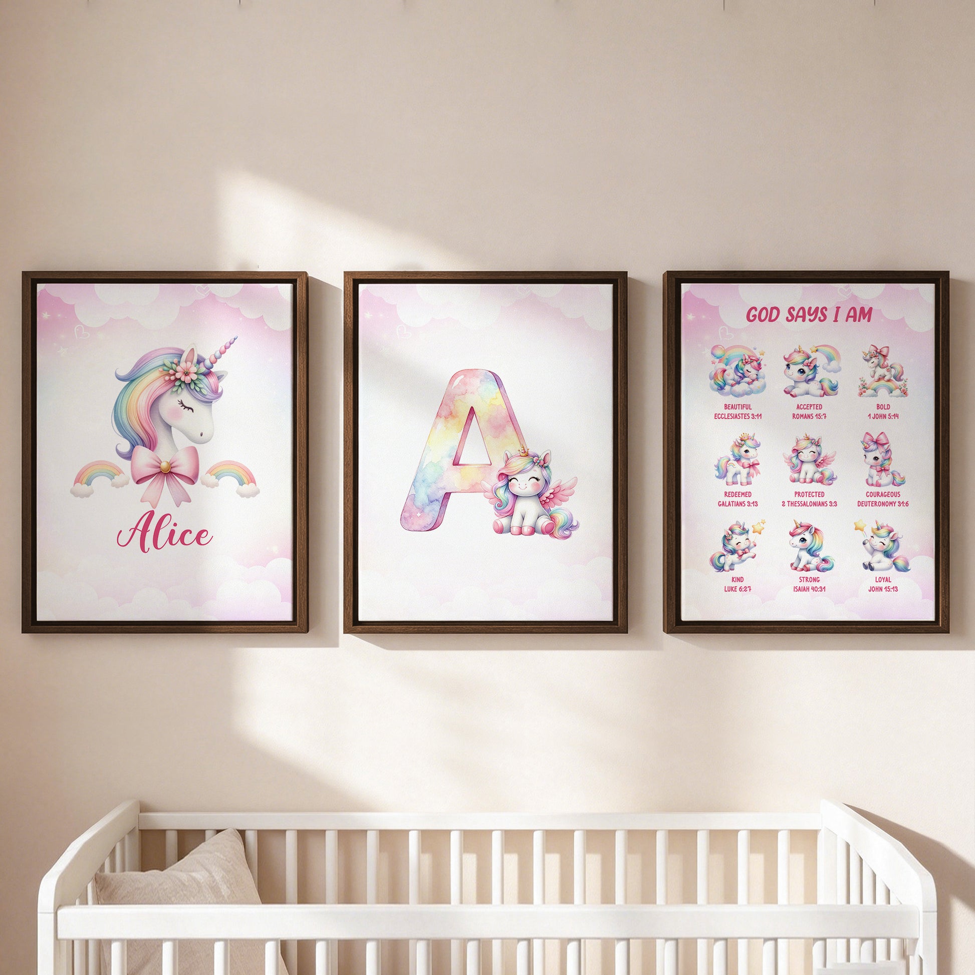 Personalized Minimalist Fantasy Unicorn Initial 3-Piece Canvas Prints with Name Nursery Decor Ship from USA Baby Shower Birthday Gift for Girl Newborn
