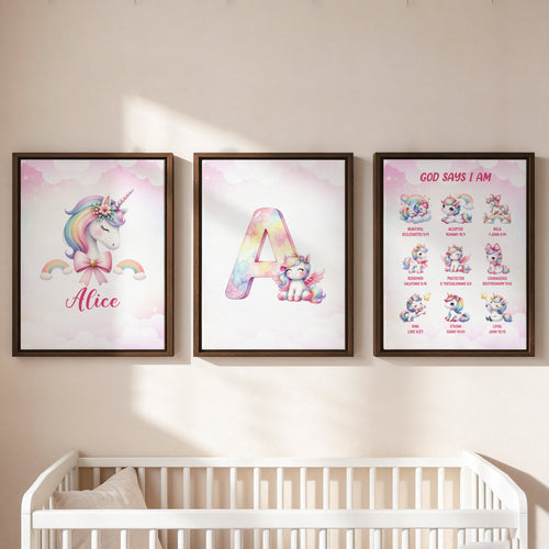 Personalized Minimalist Fantasy Unicorn Initial 3-Piece Canvas Prints with Name Nursery Decor Ship from USA Baby Shower Birthday Gift for Girl Newborn