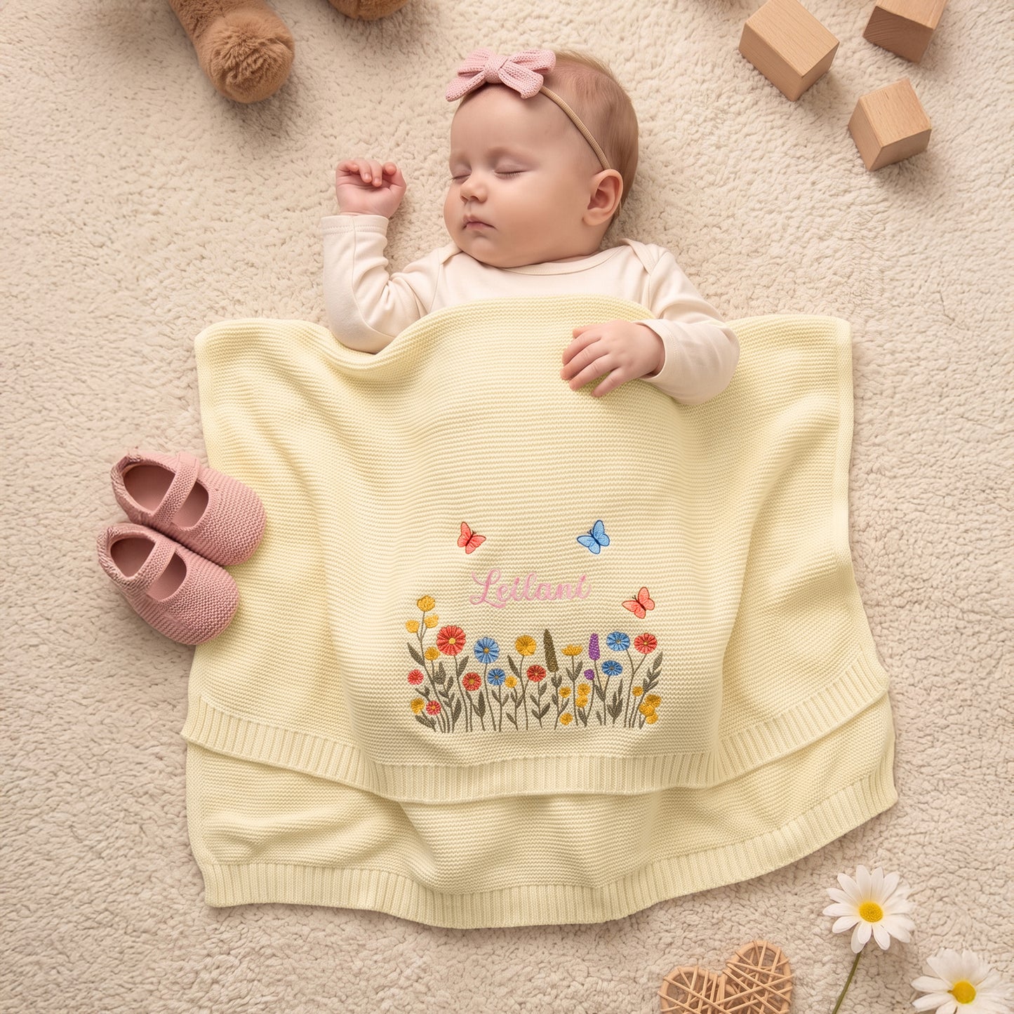 Personalized Embroidered Wildflower Cotton Knit Baby Blanket with Name Birthday Baby Shower Gift for Infants Baby Girls