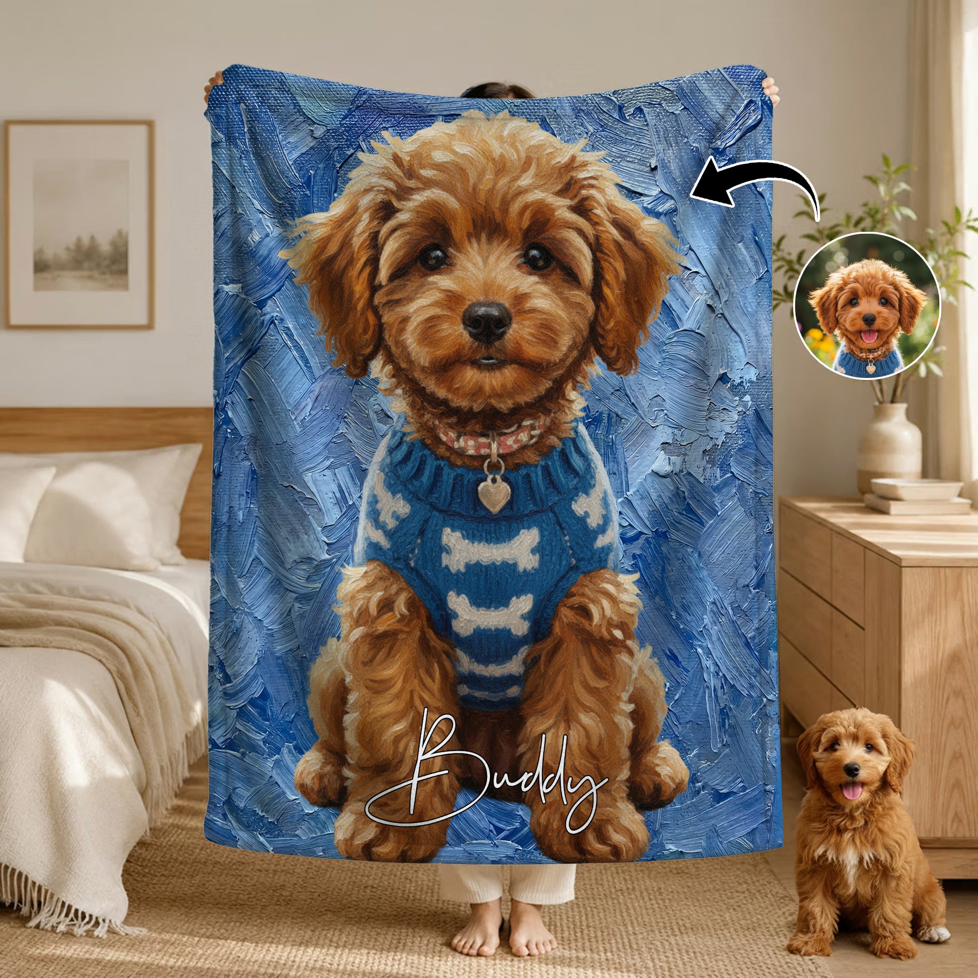Personalized Oil Painting Style Pet Photo Soft Throw Blanket with Name Home Decor Birthday Pet Memorial Gift for Pet Lovers