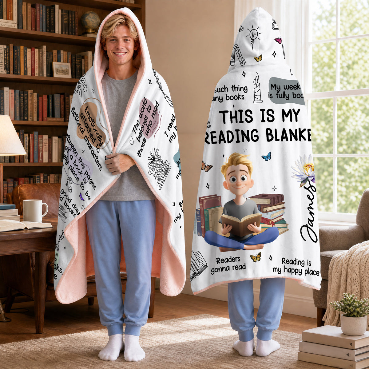 Personalized Birth Flower Cartoon Reading Girl Soft Throw Hooded Blanket with Name Birthday Gift for Librarians Book Lovers